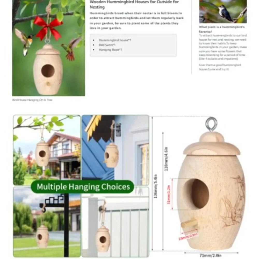 Wooden Hummingbird House for Outside Nesting